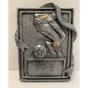 Soccer Ball Trophy Plaque Award Resin Legs Feet Silver Grey Gold Trim Engravable